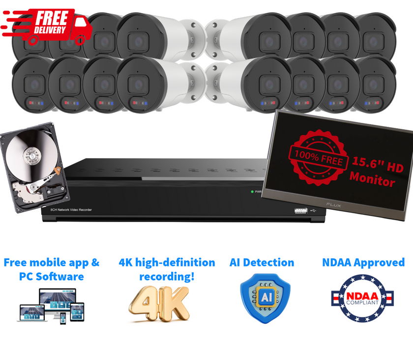 Ultimate 16-Channel 4K NVR Security System with 16x 4K Bullet Cameras, 8TB HDD & Free HD Monitor