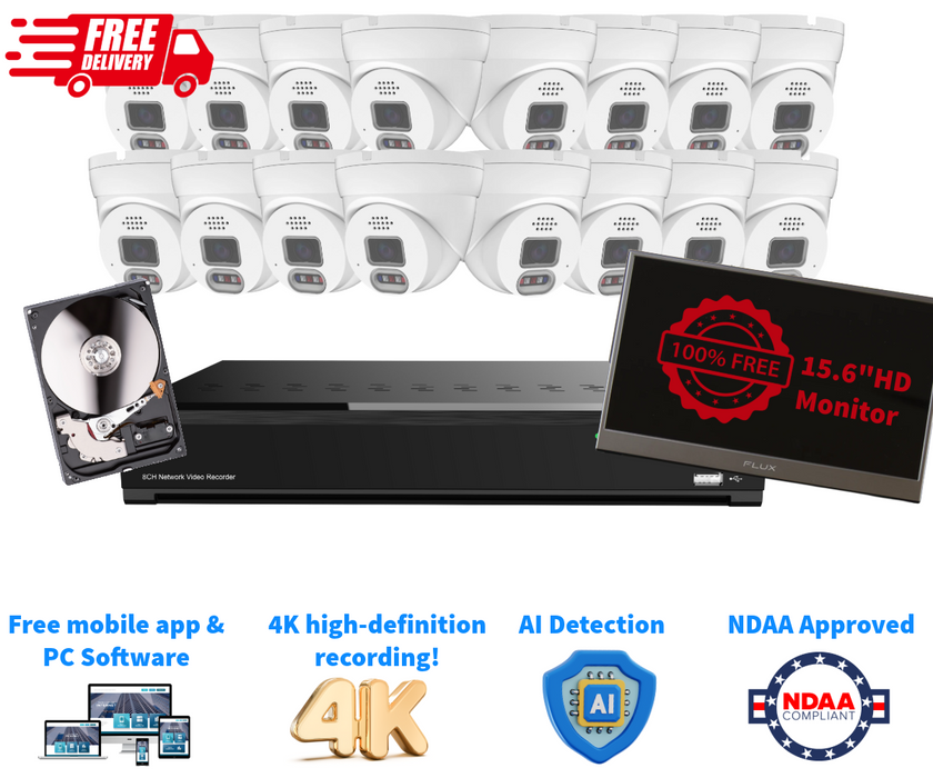 Ultimate 16-Channel 4K NVR Security System with 16x 4K Turret Cameras, 8TB HDD & Free HD Monitor