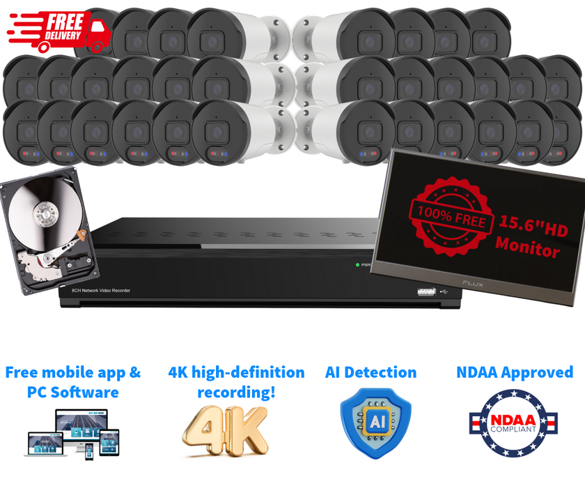 Value Packed 32-Channel 4K NVR Security System with 32x 4MP Bullet Cameras, 8TB HDD & FREE HD Monitor