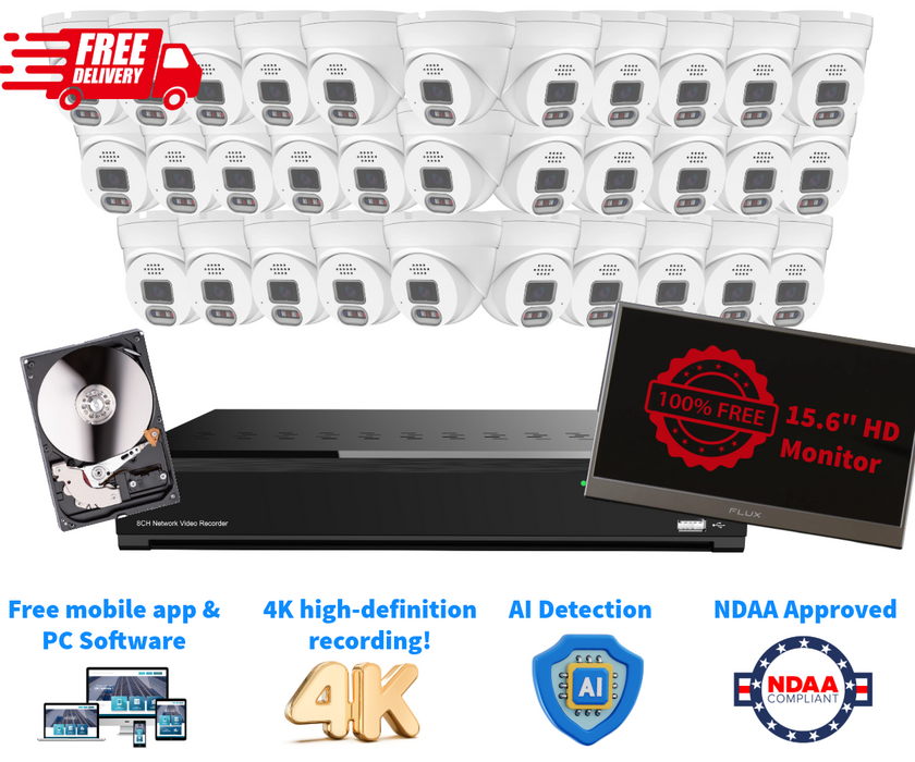 Value Packed 32-Channel 4K NVR Security System with 32x 4MP Turret Cameras, 8TB HDD & FREE HD Monitor