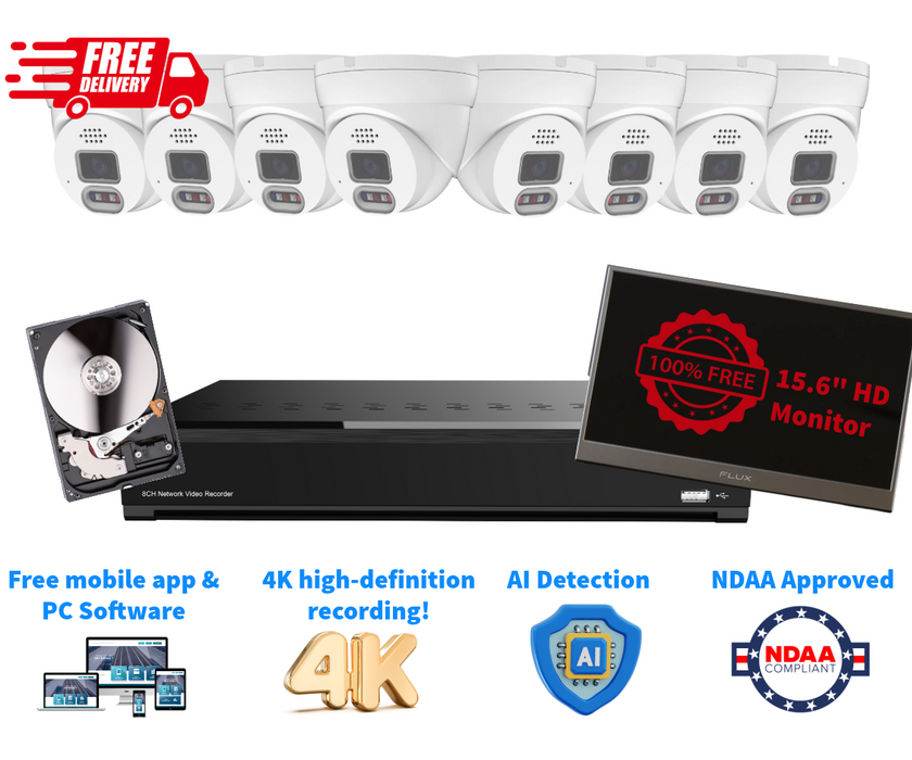 Ultimate 8-Channel 4K NVR Security System with 8x 4K  Turrets Cameras, 4TB HDD & Free HD Monitor