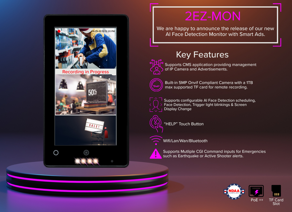 2EZ-MON - Smart Marketing PVM with 5mp NDAA compliant camera, speakers, push for help button, led lights